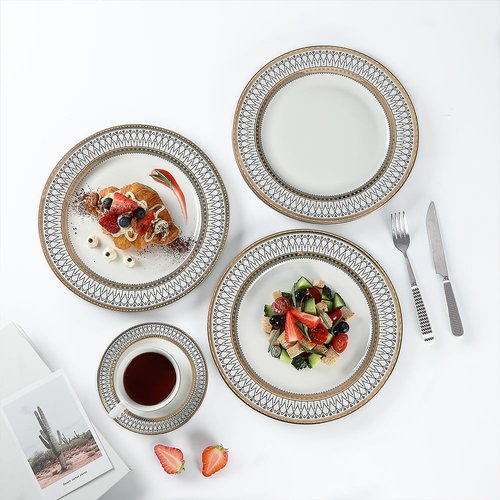 YEWUDHOM Porcelain Plates,Ceramic Dinner Plates Set of 4,Plate Set for 4 Dinning Kitchen,Golden Thread Pattern Steak Salad Plate Set for Home Restaurant Utensils,10.5" Large,White and Gold