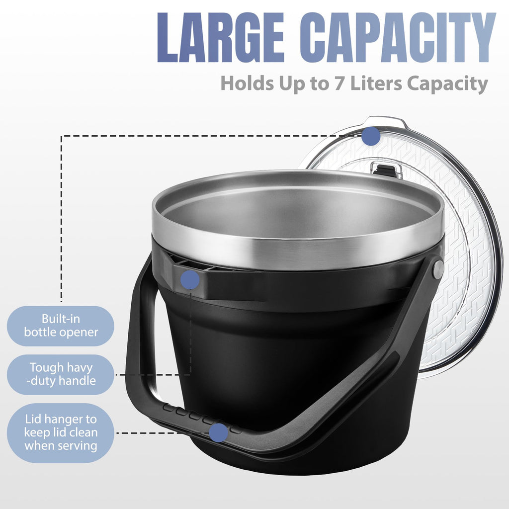 COKTIK 7L Vacuum Insulated Ice Bucket with Lid and Scoop& Tongs，Large capacity Stainless Steel Beverage Bucket for Cocktail, Champagne, Wine, Beer，Large Parties（Carbon Black Suit）