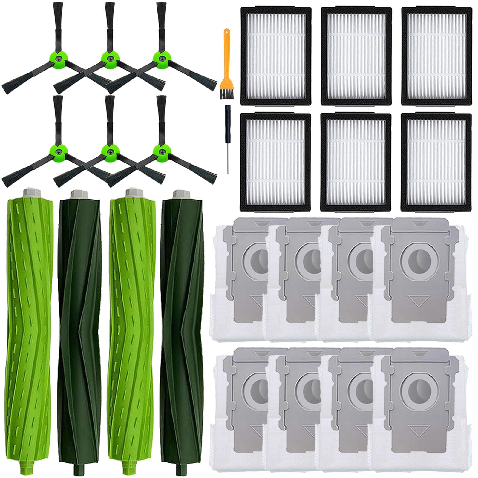 Replacement Parts for iRobot Roomba E5 E6 E7 i2 i3 i3+i4 i4+ i5 i5+ i6 i6+ i7 i7+ i8 i8+/Plus i1 E i j Series Robot Vacuum,2 sets of multi-surface roller brushes 6 Vacuum bags 6 filters 6 side brushes