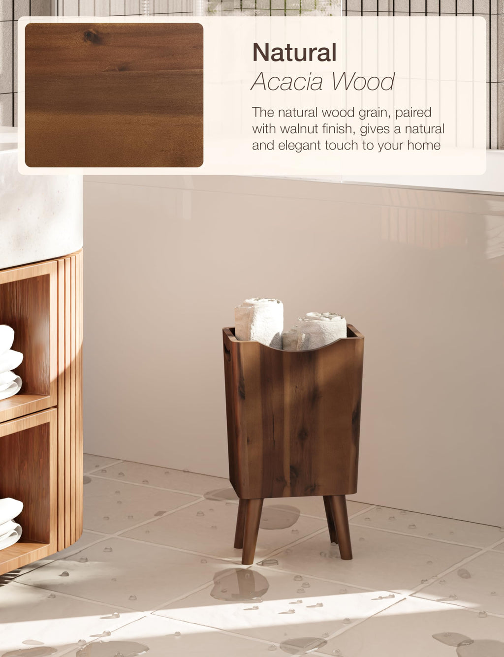 Tidita 2 Gallons Wooden Trash Can 4 Legs - Acacia Wooden Bin, Wood Bathroom Accessories - Small Bin, Waste Basket for Bedroom, Office Garbage Can - Bathroom Trash Can, Patent Pending (Walnut Color)
