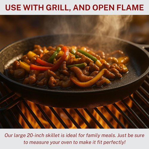 Cast Iron Skillet - 20 Inch Pre-Seasoned Cooking Pan with Dual Handles & Cleaner Scrubber | Heavy Duty for Grill, Oven, Stove, Campfire