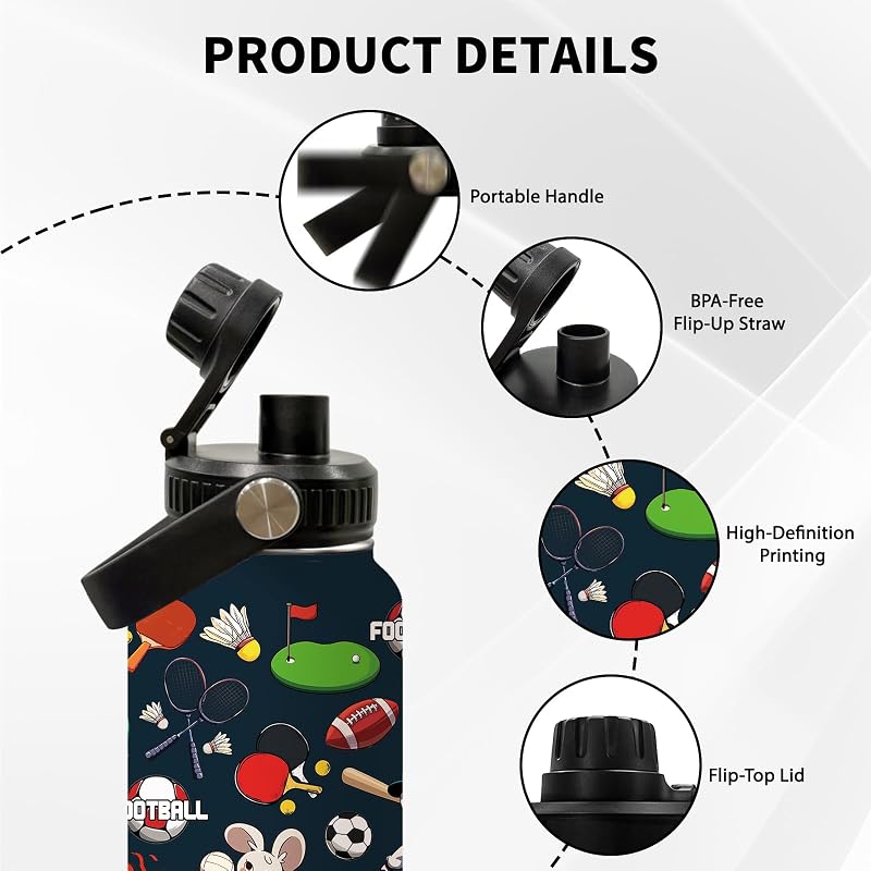 Ball-Shaped 32oz Insulated Water Bottle, Leak-Proof Stainless Steel, Soccer/Football Style