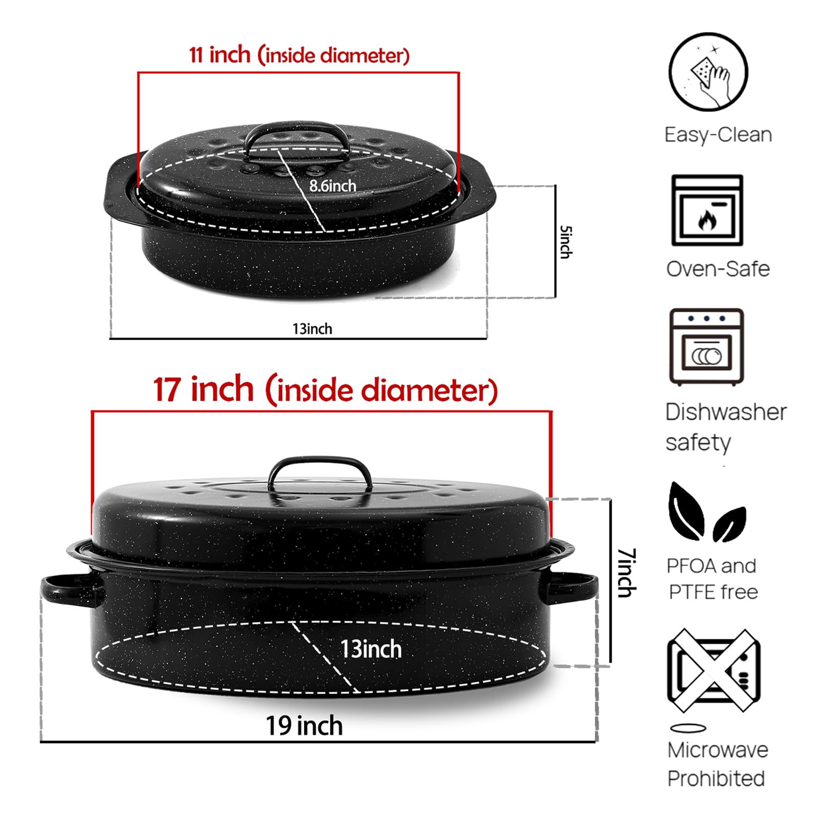 Enamel Roaster Pan With Lid and Rack Set 13"19"Granite Roasting Pans, Oval Large Turkey Baking Pan Suitable for Cooking 20lb Poultry and Beef High Temperature Resistance Oven Cookware