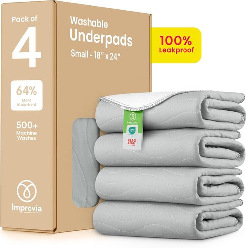 IMPROVIA® Washable Underpads - Heavy Absorbency Reusable Incontinence Pads for Kids & Adults | Waterproof Grey & White (4 Pack - 18x24)