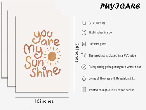 PUYIQARE You Are My Sunshine Canvas Wall Art Heart Rainbow Nursery Art Print Boho Wall Art Prints for Girls Room Decor Boho Sunshine Nursery Decor for Baby Kids Room Decor Unframed