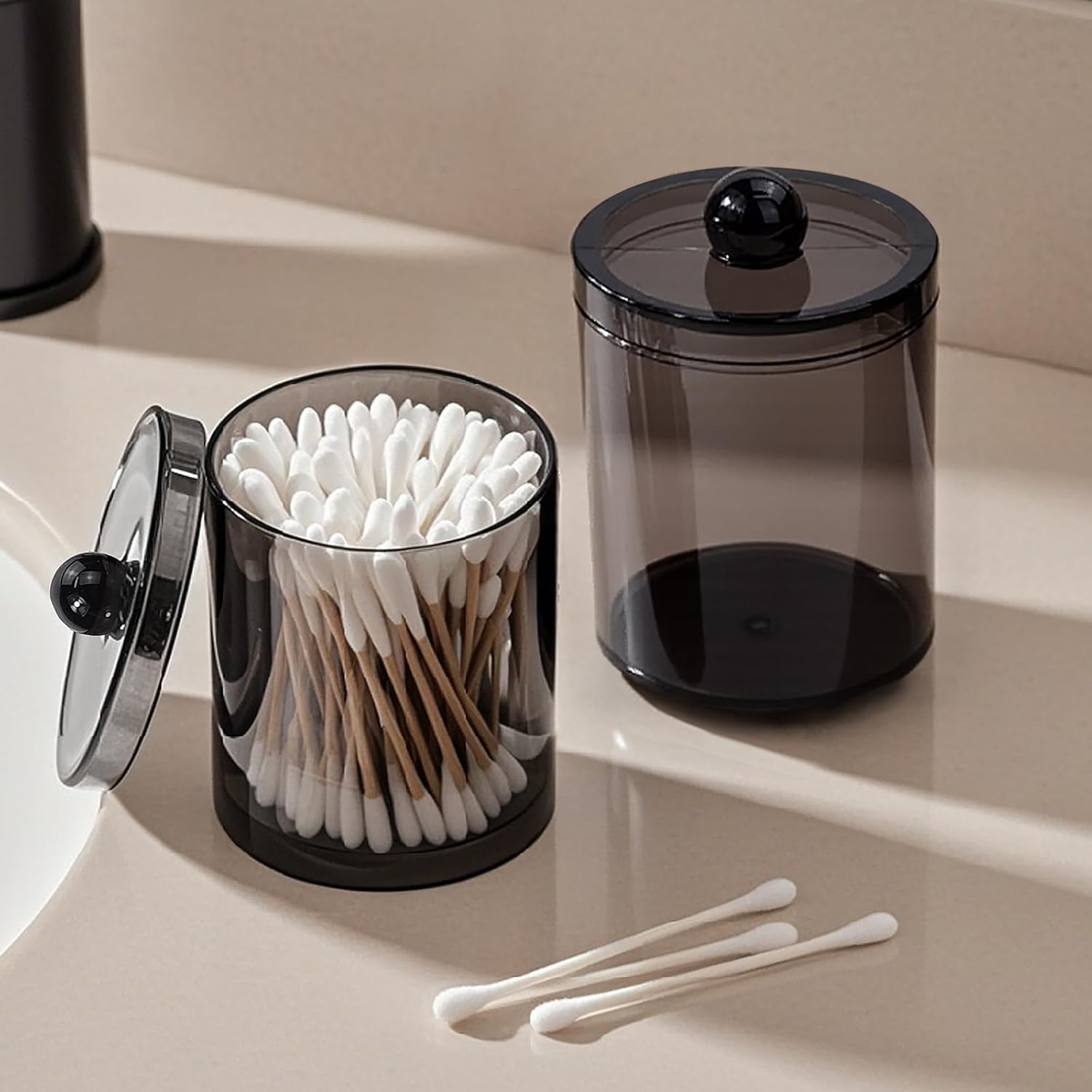 Skiennix 2-Pack Black Plastic Qtip Holder - Stylish Bathroom Vanity Organizer for Cotton Swabs & More