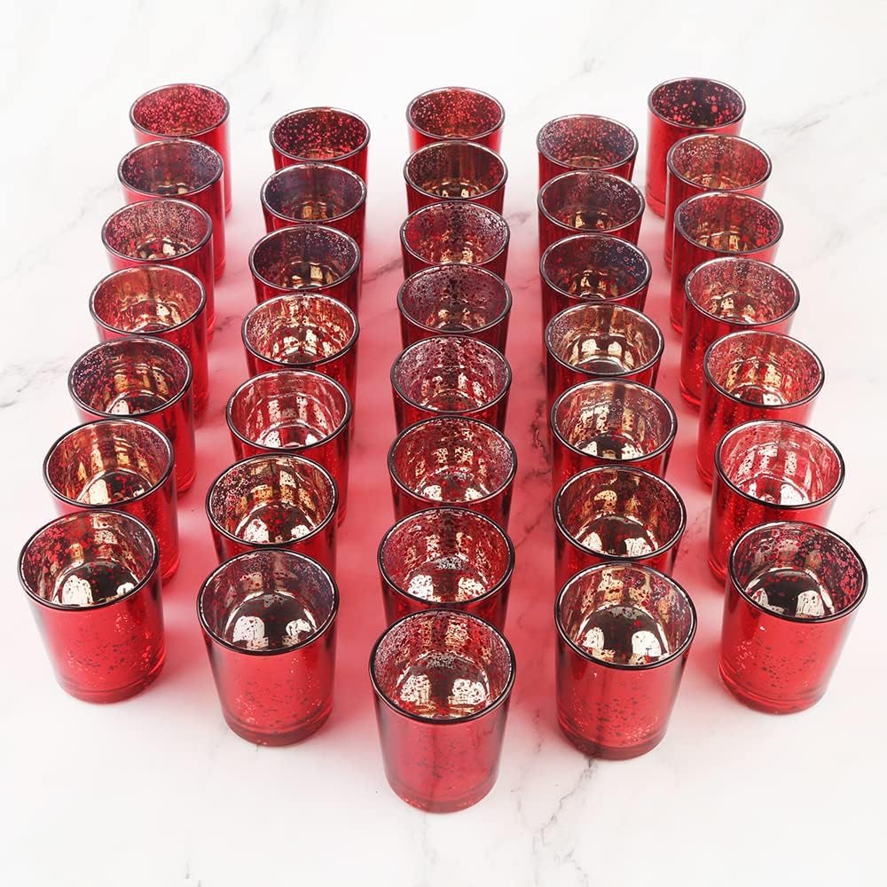 Red Mercury Glass Tea Light Holders - Elegant Votive Candle Holders for Weddings & Home Decor | Set of 36
