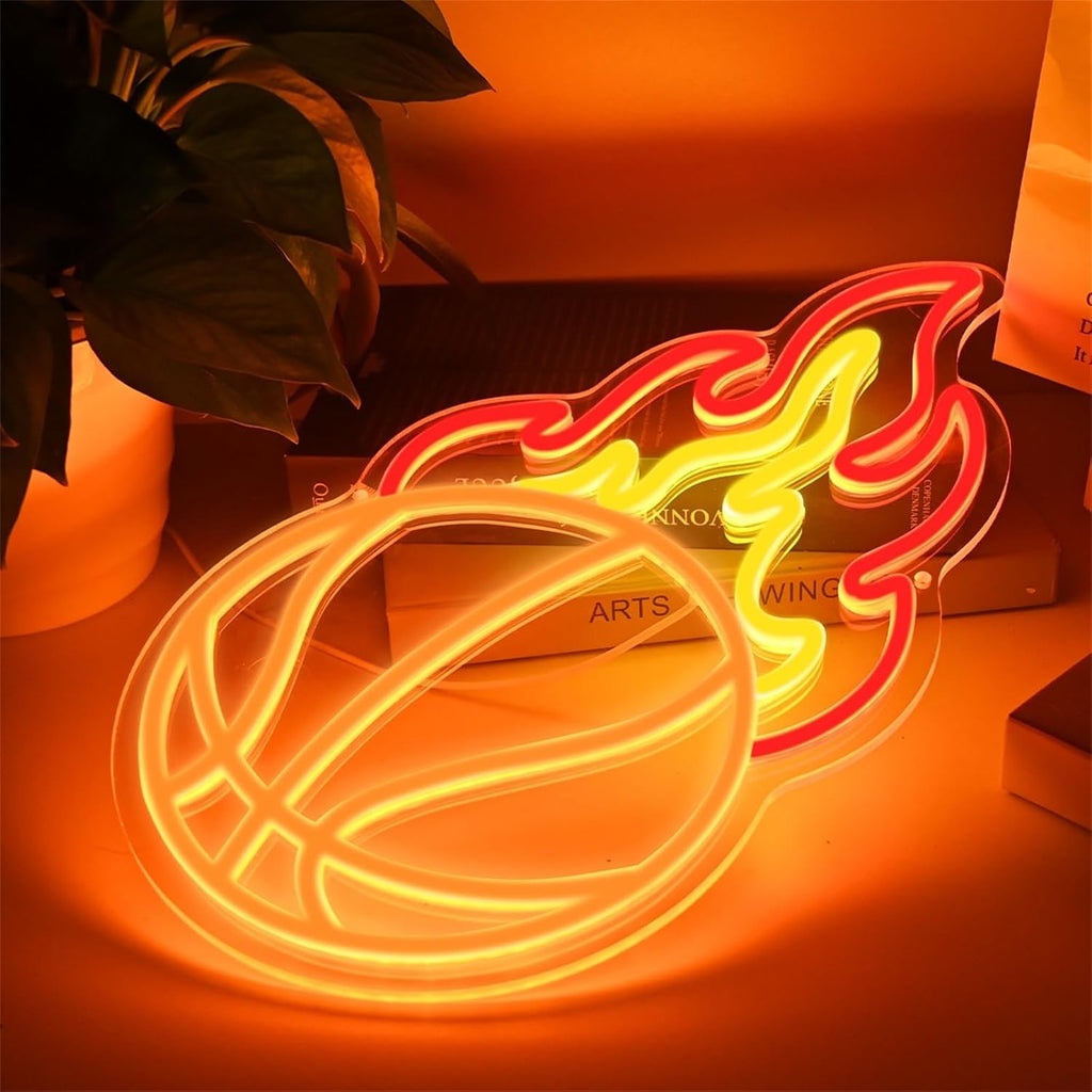 Skiennix Basketball Neon Sign - Dimmable LED Flame Light for Boys' Bedroom | Orange, Red, Yellow Decor