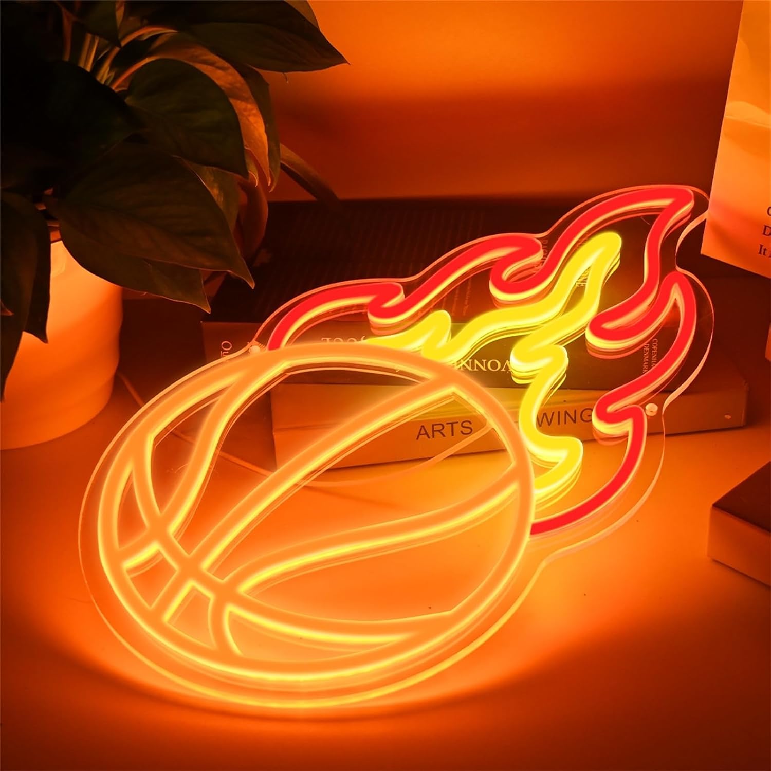 Skiennix Basketball Neon Sign - Dimmable LED Flame Light for Boys' Bedroom | Orange, Red, Yellow Decor