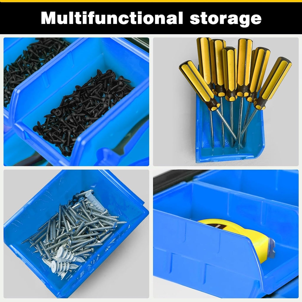 Ultrawall Wall Mounted Storage Bins - Plastic Organizer for Garage Tools | 12 Bins & 3 Rails, Blue