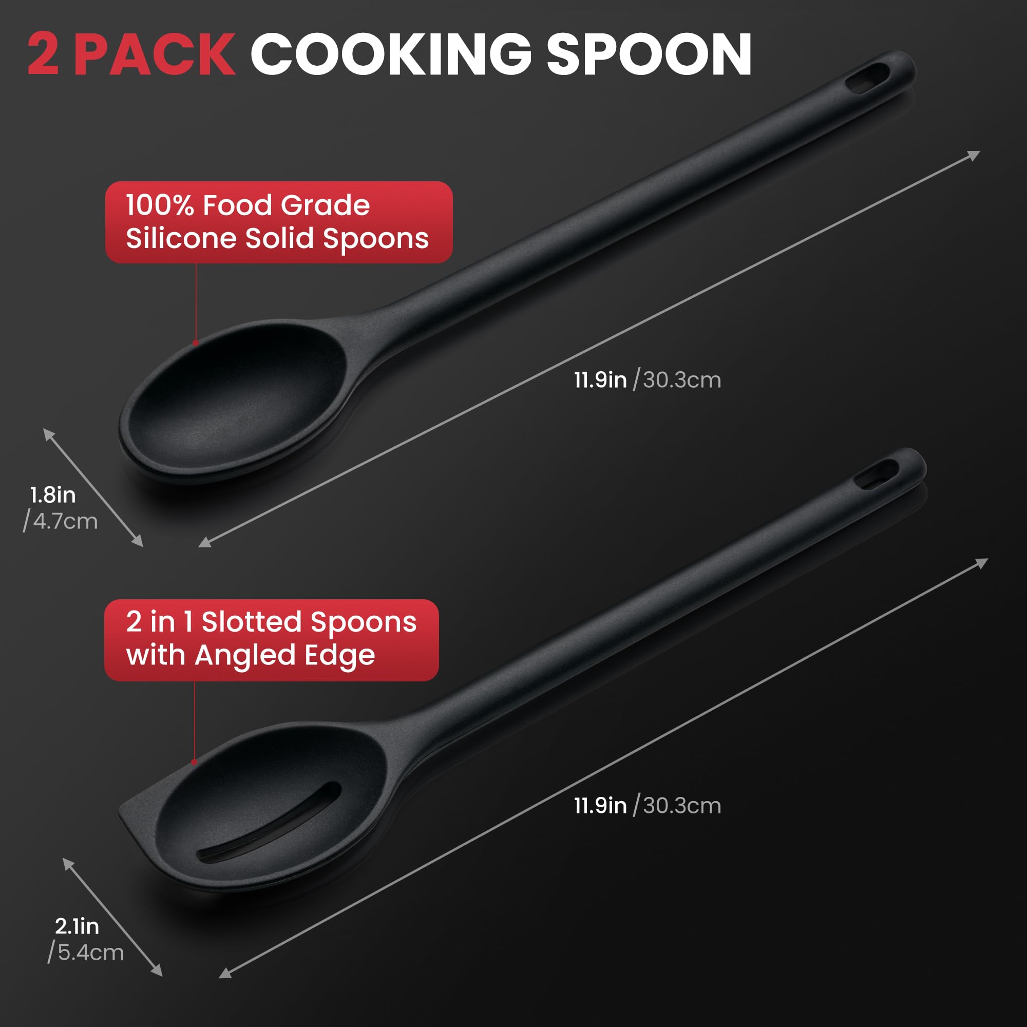 Silicone Spoons for Cooking, 600°F Heat Resistant Cooking Spoon with Solid & Slotted Spoon for Mixing, Serving, Stirring, Scraping, BPA Free Silicone Kitchen Utensil Set, Dishwasher Safe (2Pcs, Black)