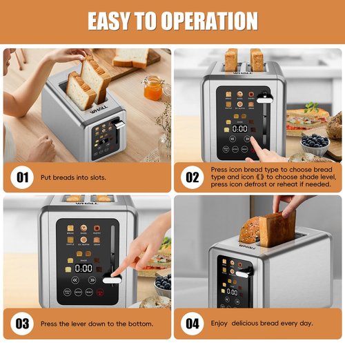 WHALL Touch Screen Toaster 2 Slice, Stainless Steel Digital Timer Toasters with Sound Function, Smart Extra Wide Slots Toaster with Bagel, Cancel, Defrost (silver)