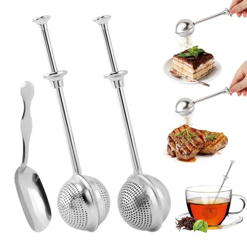3pcs Powdered Sugar Shaker Duster Flour Dispenser Shaker Stainless Steel Wand Sugar Shakers Duster Teas Fine Mesh Tea Ball (COLOR:silver)