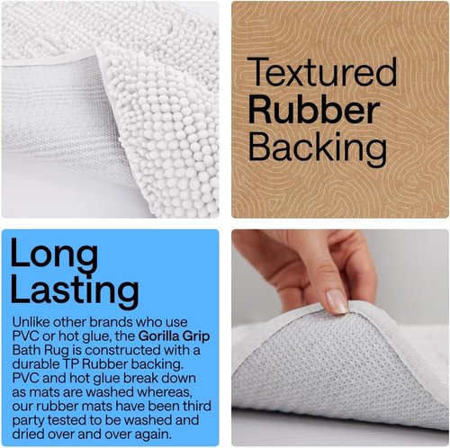 GORILLA GRIP Bath Rug Mat - Soft Absorbent Chenille | Quick Dry Microfiber, 60x24 Inches, White