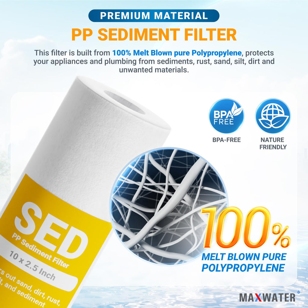 50 Pack of 10 Micron 10" x 2.5" Inch Polypropylene Sediment Filters compatible with 10" Standard RO Reverse Osmosis and WH Whole House Systems