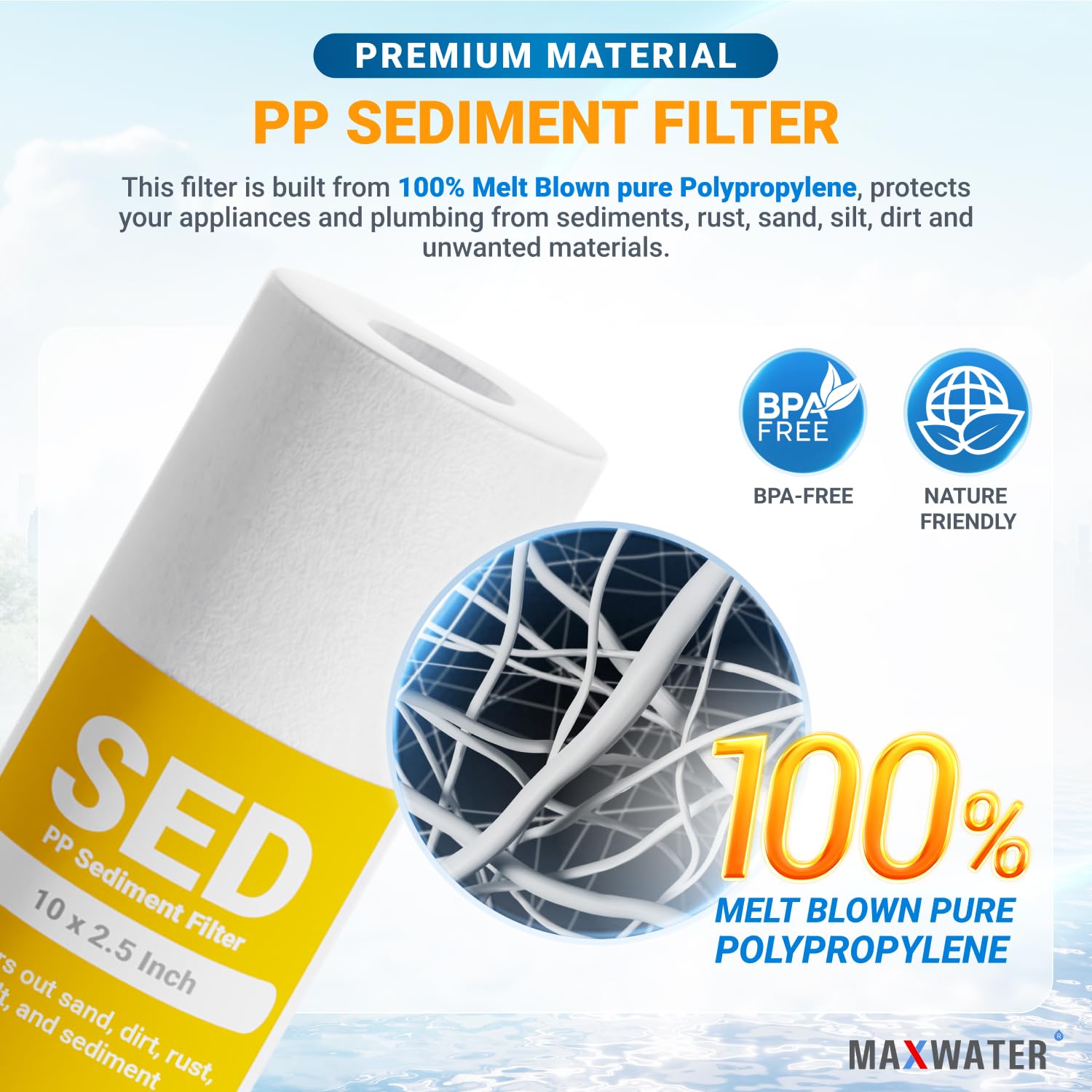50 Pack of 10 Micron 10" x 2.5" Inch Polypropylene Sediment Filters compatible with 10" Standard RO Reverse Osmosis and WH Whole House Systems