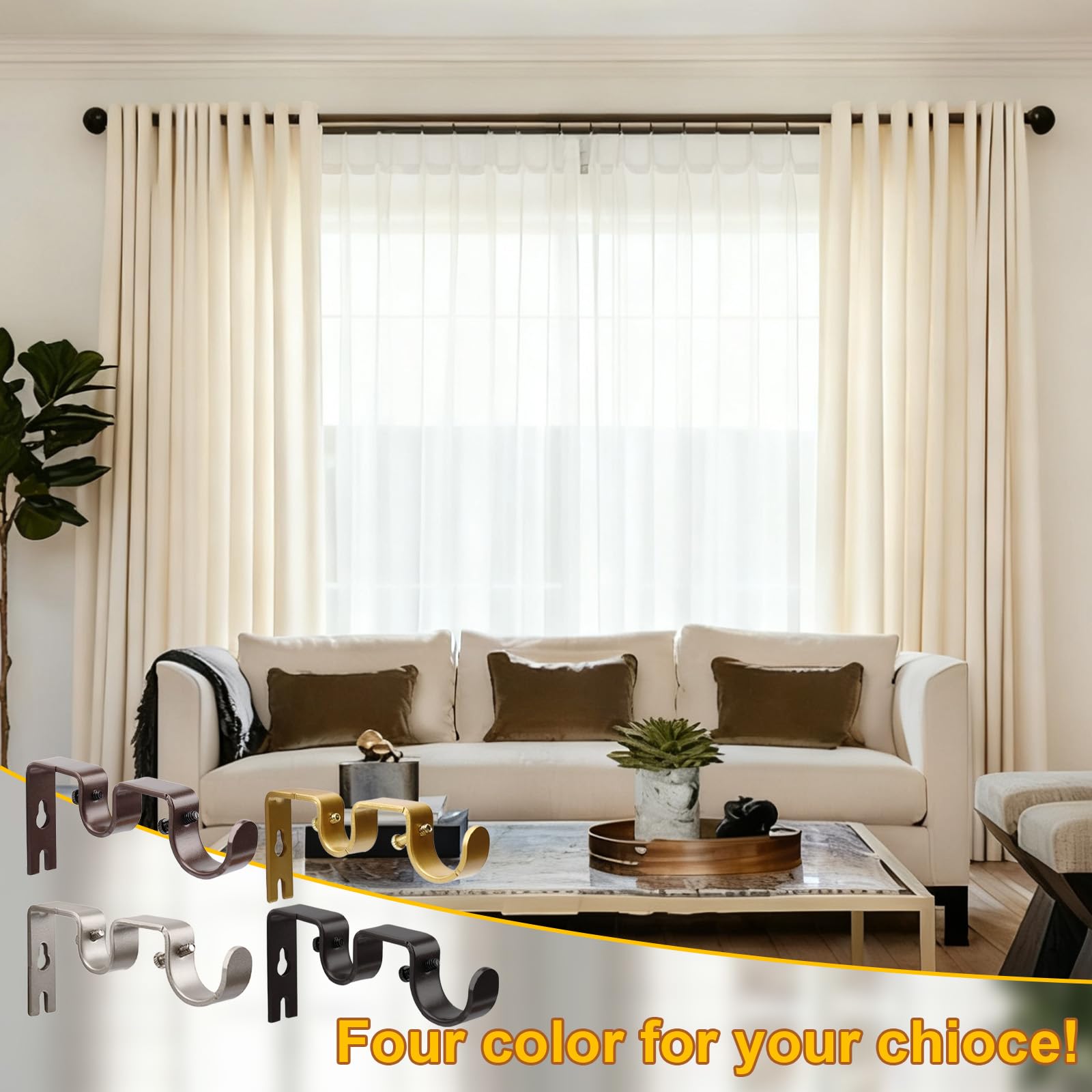 Shonmogar Double Curtain Rod Bracket 6 Pack Metal Curtain Rod Holders for Wall Sturdy Curtain Bracket for 1 Inch Curtain Rod Gold Wall Mounted Curtain Rod Hooks for Bedroom Living Room Patio
