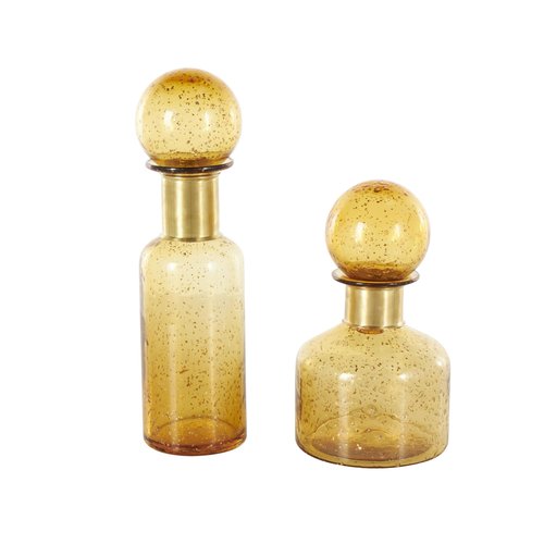 Deco 79 Glass Living Room Decorative Jars Speckled Ombre Decorative Container with Round Orb Tops, Set of 2 Jar with Lid 14", 10"H, Yellow