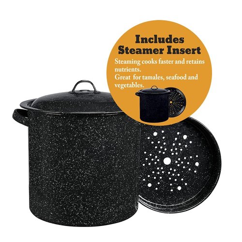 Granite Ware 15.5 Qt Steamer Pot With Rack, Black - Multi-Tier Steam Pot for Cooking Tamales, Seafood, Vegetables - Durable Porcelain Cookware with Steel Core - Everyday Versatile Cookware