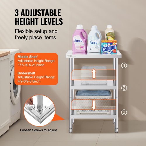 VEVOR Stainless Steel Food Prep Table, 14 x 24 x 34 Inch Commercial Food Prep Worktable Heavy Duty Prep Worktable, Metal Work Table with Adjustable Height for BBQ, Kitchen, Home, and Garage