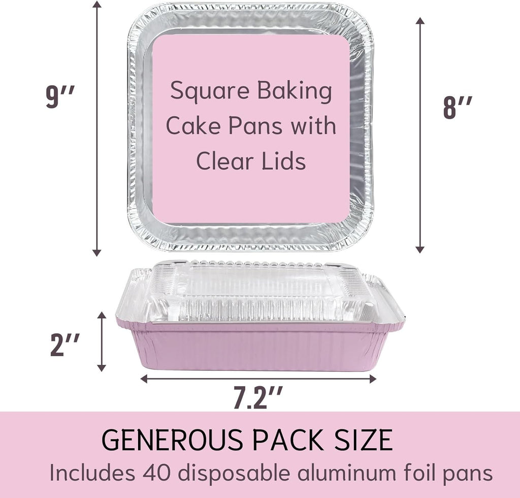 Skiennix 8x8 Square Aluminum Baking Cake Pans - 40 Pack with Clear Lids for Easy Food Storage