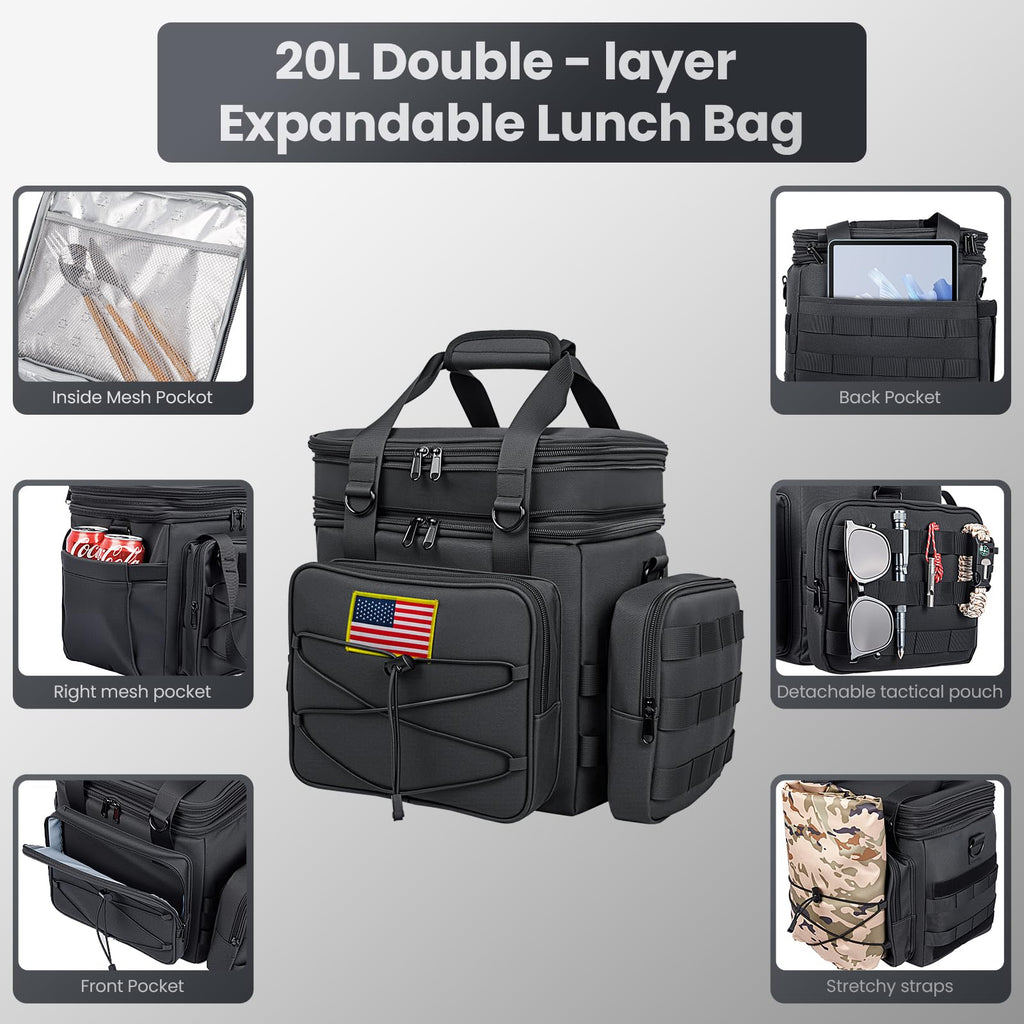 Tactical Lunch Box for Men, 20L Expandable Double Insulated Cooler Bag with Detachable Molle Pouches, Modern Tote for Adults, Waterproof and Leakproof for Work, Camping, Picnic, Hiking