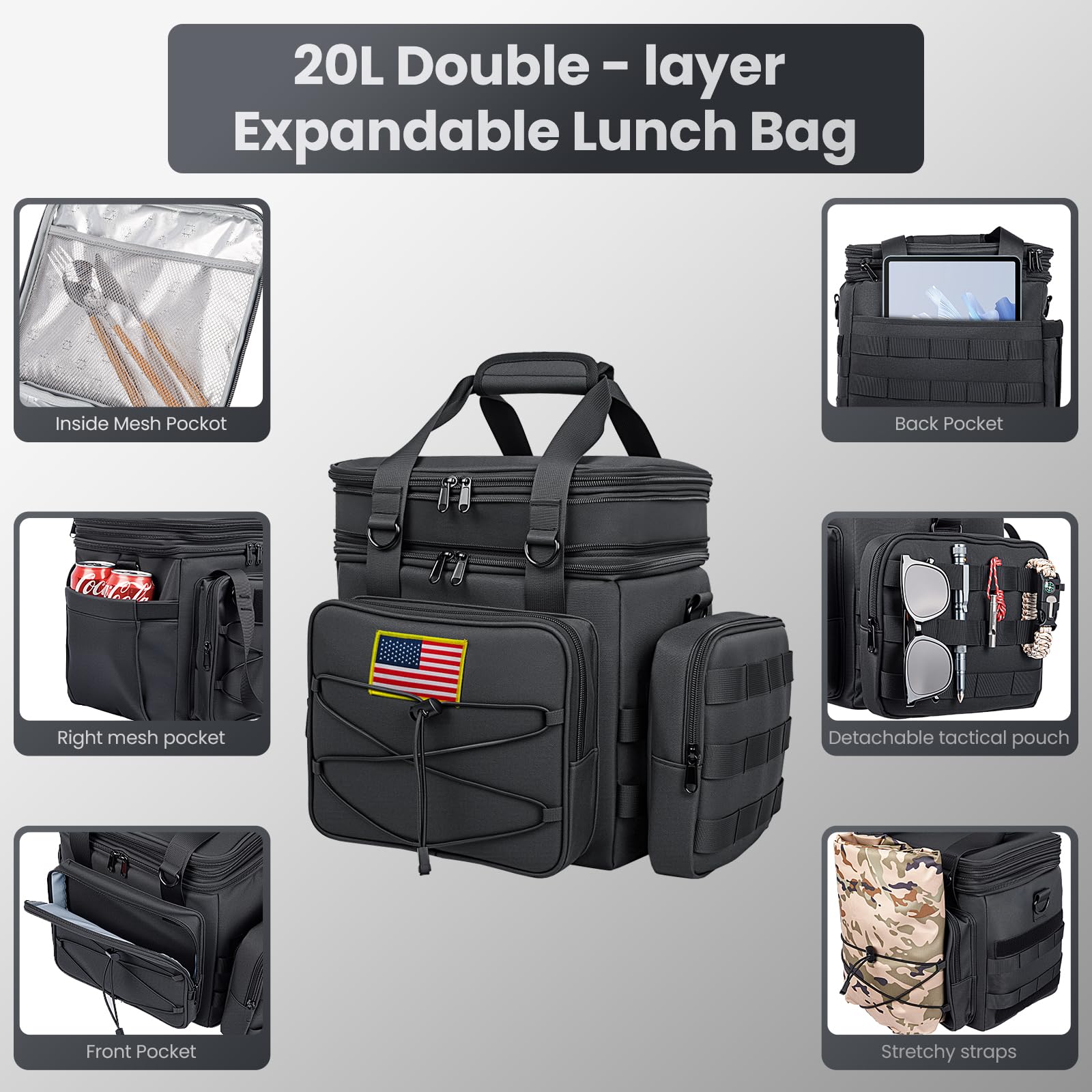 Tactical Lunch Box for Men, 20L Expandable Double Insulated Cooler Bag with Detachable Molle Pouches, Modern Tote for Adults, Waterproof and Leakproof for Work, Camping, Picnic, Hiking