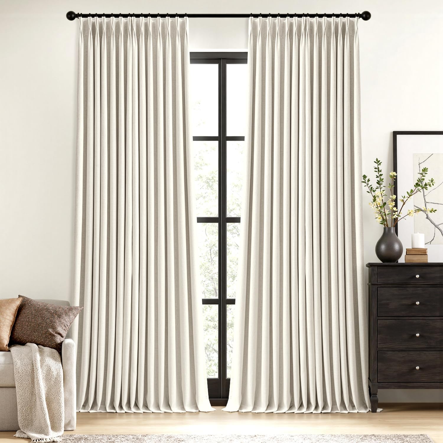 MIULEE 100% Blackout Linen Curtains - Natural Pinch Pleated Design, 84 Inches Long, 2 Panels for Bedroom & Living Room