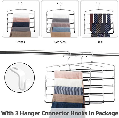 FeeraHozer Pants Hangers - Non-Slip Multi-Layer Swing Arm Design | 3 Pack Stainless Steel Closet Organizer (Black)