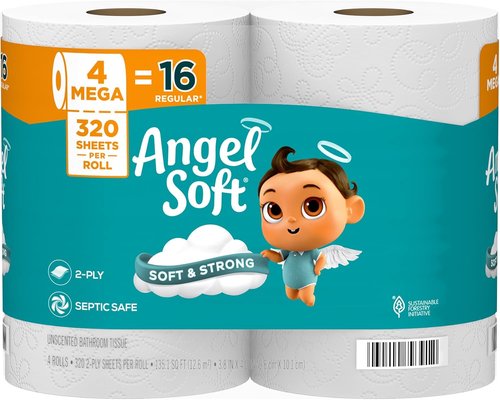 Angel Soft Toilet Paper - Soft & Strong 4 Mega Rolls | Equivalent to 16 Regular Rolls