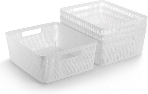 BINO Woven Plastic Basket - Medium White 4-Pack | Stylish Home Organization & Space-Saving Storage