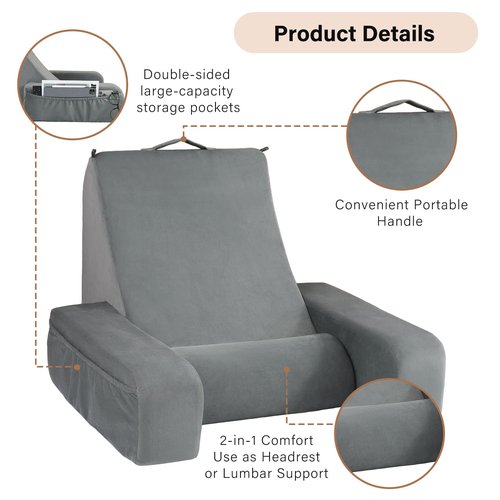 ENITYA 19" Back Support Pillow,Reading Pillow with Attached Arms & Large Pockets, Removable Washable Cover, Wedge for Sitting,Reclining,Watching TV,Post Surgery in Bed,Couch or Floor,Medium Firm,Grey