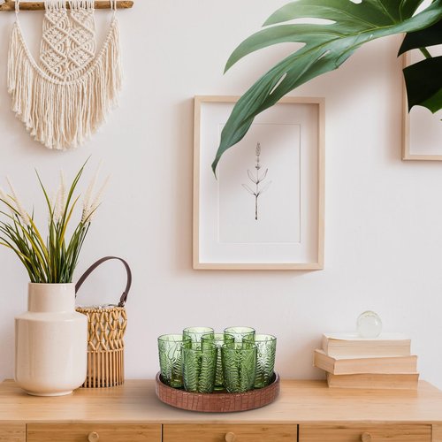 Reallnaive Green Drinking Glasses Set of 8, Boho Aesthetic Vintage Glassware Fern Carving Textured Tumbler Water Cups Embossed Pattern Drinkware Cocktail Glasses Set for Xmas Gifts(12 oz,Highball)