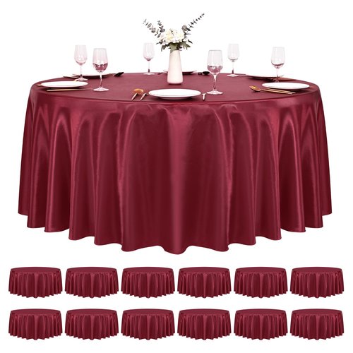 Pesonlook 12 Pack Burgundy Round Tablecloth, 120 Inch Satin Fabric Tablecloth for Round Table, Wrinkle Resistant Washable TableCover Bright Silk TableClothes for Wedding Party Dining Table Banquet