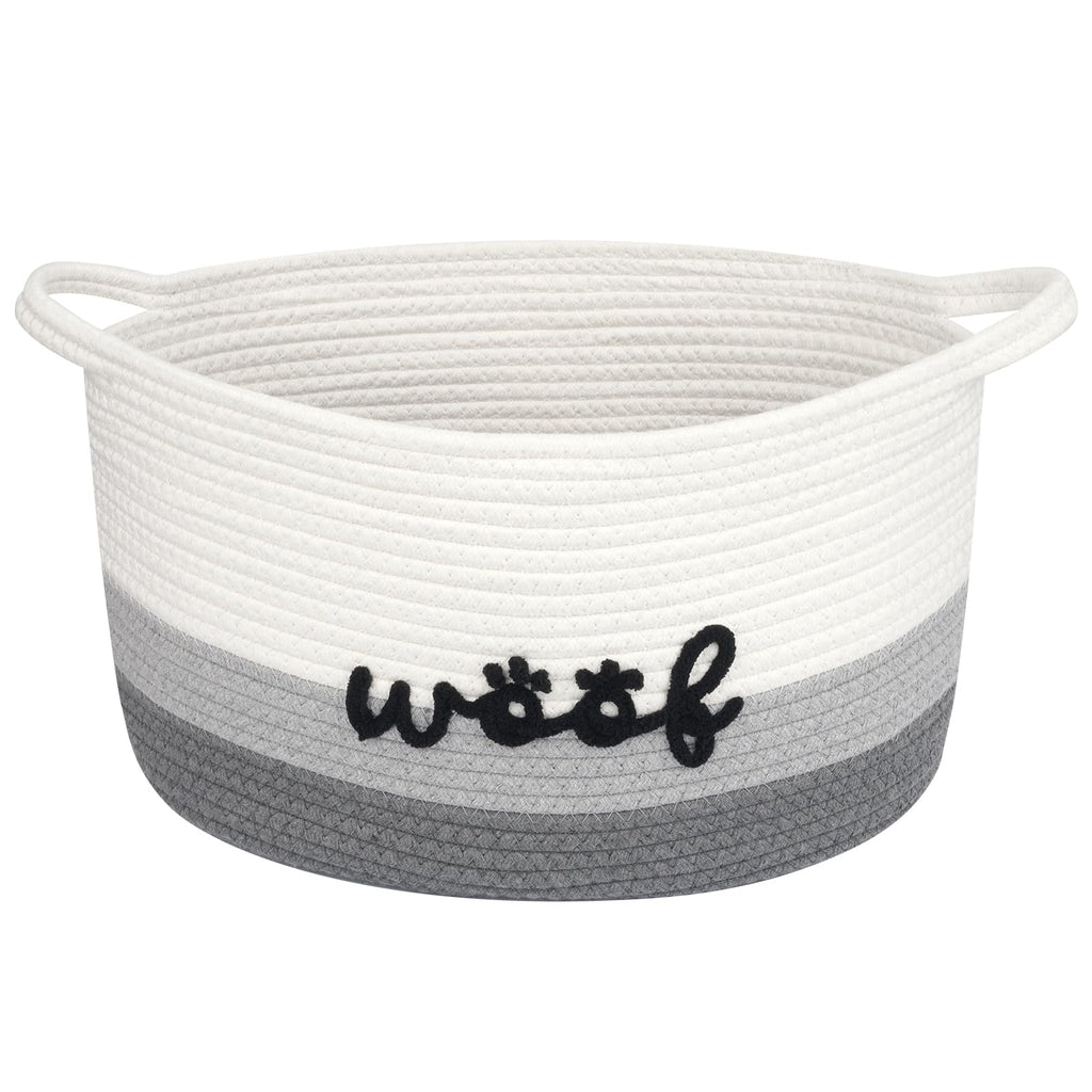 JEROKUMI Dog Toy Basket Cute Basket for Baby, Woven Basket Toy Box and Bin for Pet Cat, 15" X 10" X 9" (22L) Large Rope Basket for Blanket Storage, Living Room, Bedroom, White Gray