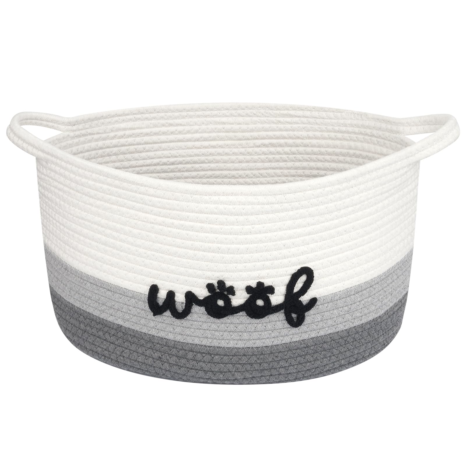 JEROKUMI Dog Toy Basket Cute Basket for Baby, Woven Basket Toy Box and Bin for Pet Cat, 15" X 10" X 9" (22L) Large Rope Basket for Blanket Storage, Living Room, Bedroom, White Gray