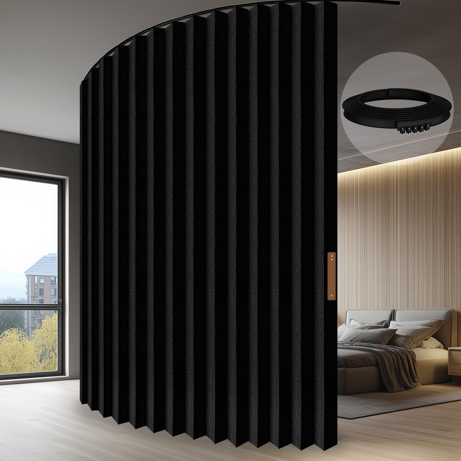 JILRON Accordion-Style Room Divider with Ceiling Track - Foldable Partition Curtain, Easy Installation(Black 100" W x 84" L-Pack of 1)