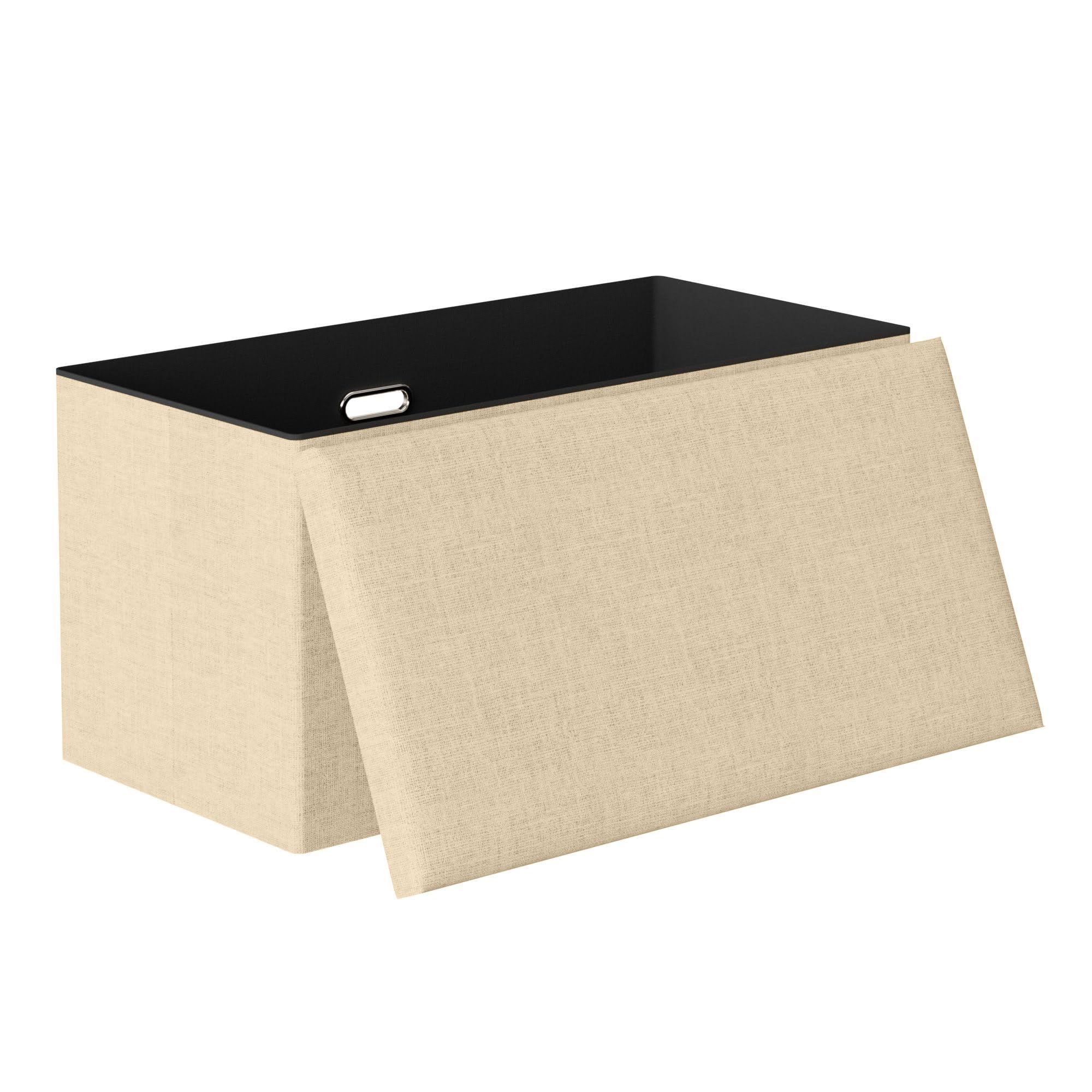 VECELO 30'' Folding Storage Ottoman Bench, End of Bed Linen Fabric Foot Rest Stool with Padded Seat, Large Footstools for Bedroom, Living Room, Load 500 lb, Khaki