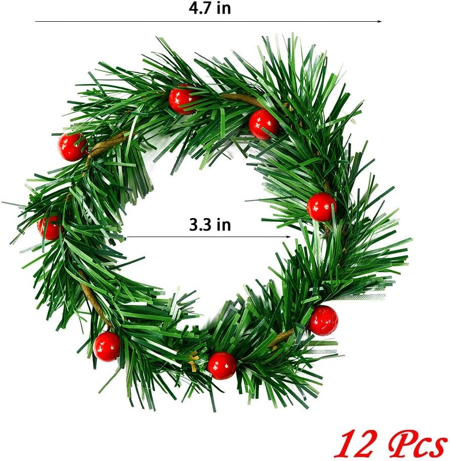 YBB Christmas Candle Rings - 12Pcs Small Artificial Red Berry Wreath Holders for 3-Inch Pillar Candles | Rustic Wedding & Holiday Decor