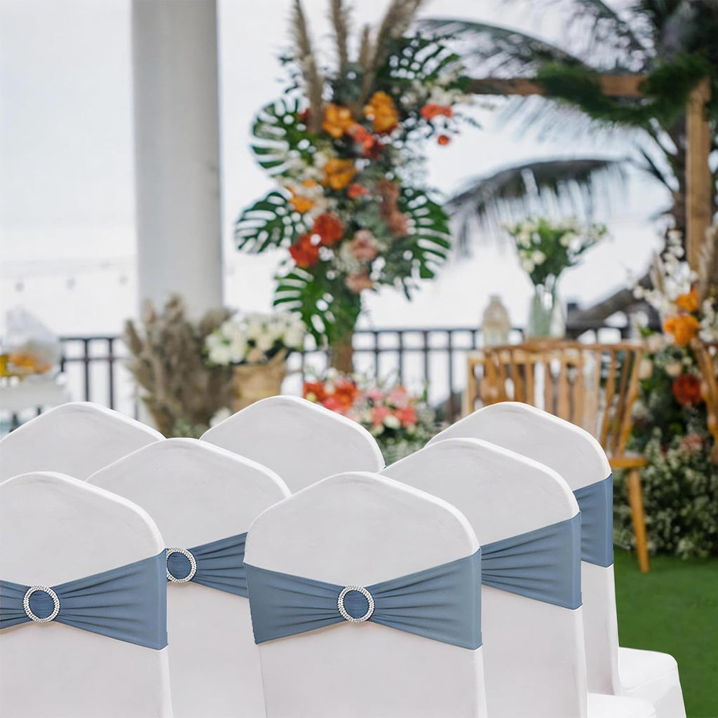 Skiennix 100 PCS Spandex Chair Sashes - Dusty Blue Stretch Bands with Buckles for Weddings & Events