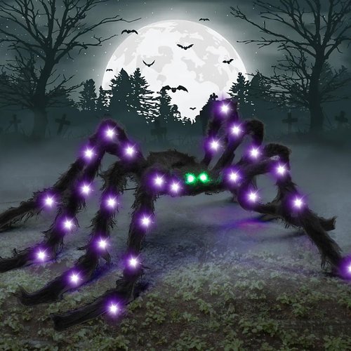 BEIGUO 6.6Ft Halloween Light Up Giant Spider,Scary Large Hairy Spider with Green Lighted Eyes for Yard Lawn Halloween Outdoor Decorations,Indoor Party Decor,Black
