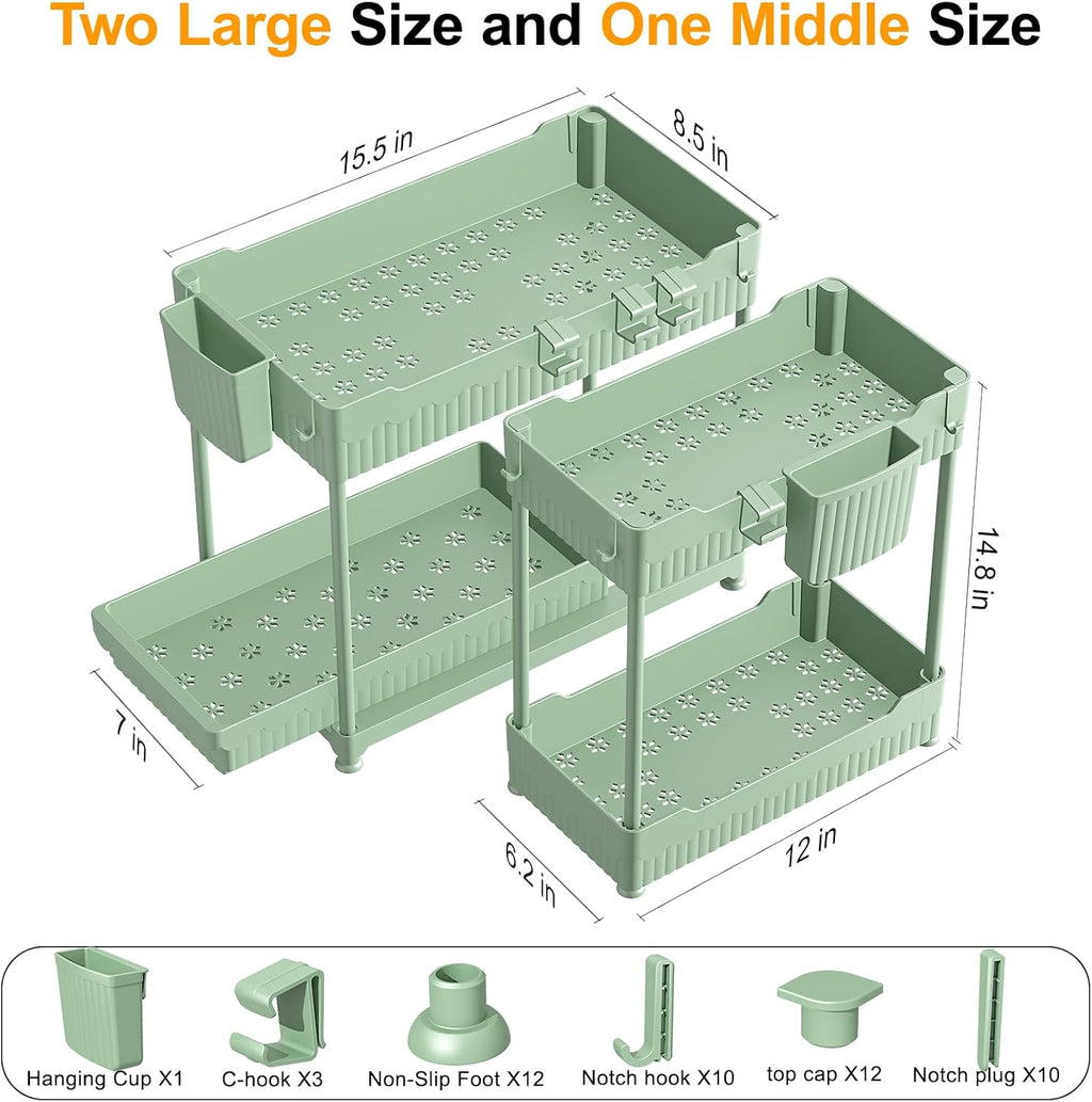 Sevenblue Under Sink Organizers - 2-Tier Kitchen & Bathroom Storage with Sliding Drawers | Green, 14.8 Inch