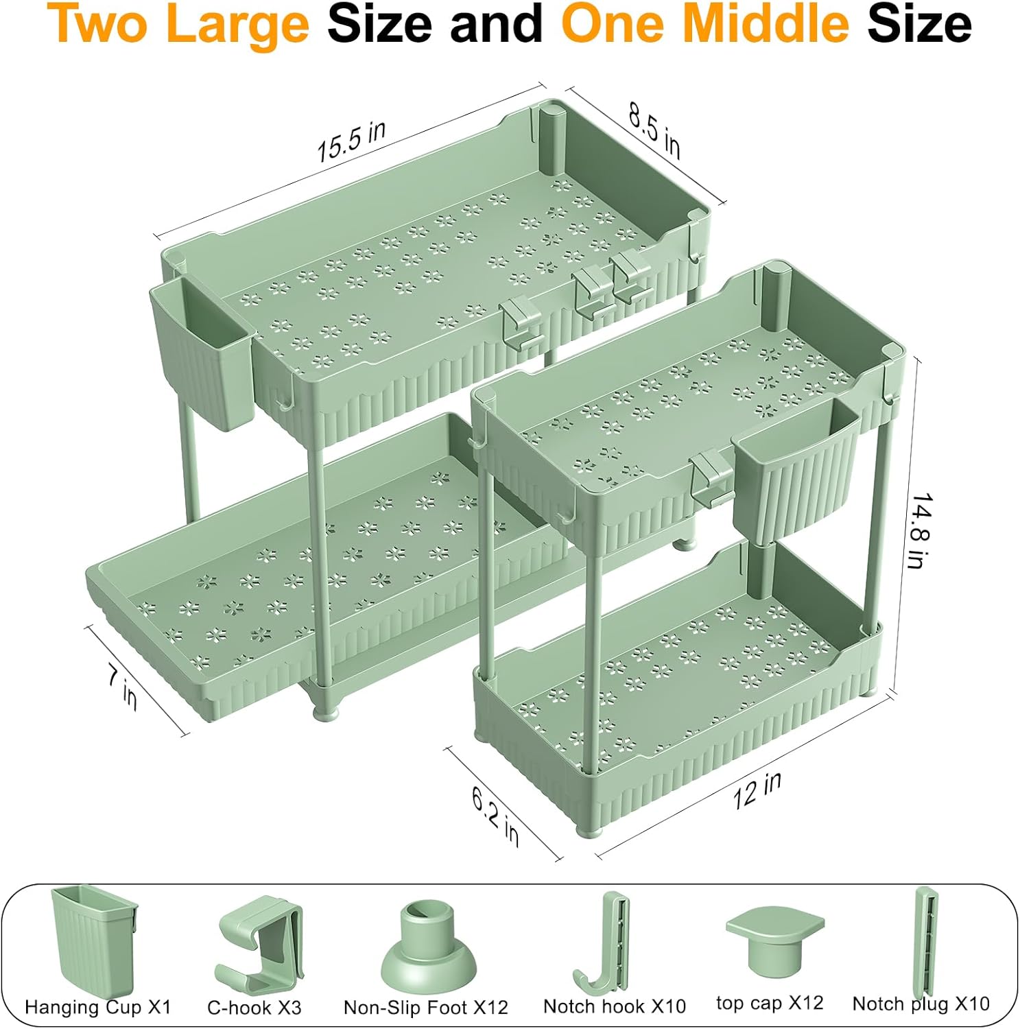 Sevenblue Under Sink Organizers - 2-Tier Kitchen & Bathroom Storage with Sliding Drawers | Green, 14.8 Inch