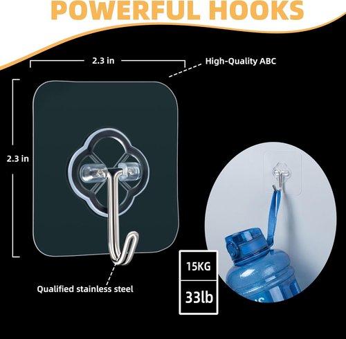 Adhesive Wall Hooks - 50 Pack Heavy Duty Stainless Steel Self-Sticky Hooks | Waterproof & Rustproof for Bathroom, Kitchen, Office