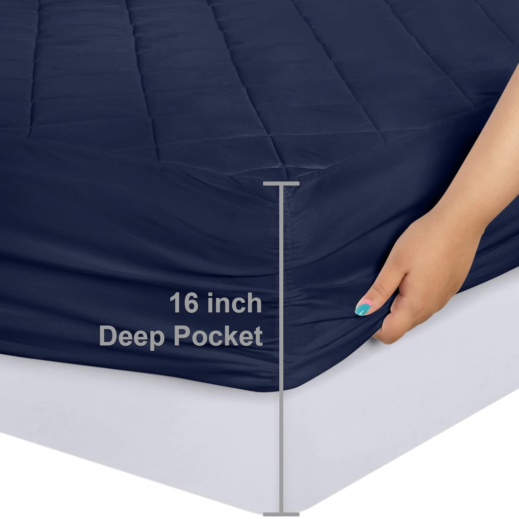 Utopia Bedding Quilted Fitted Mattress Pad - Twin Size Deep Pocket Protector | Machine Washable (Navy)