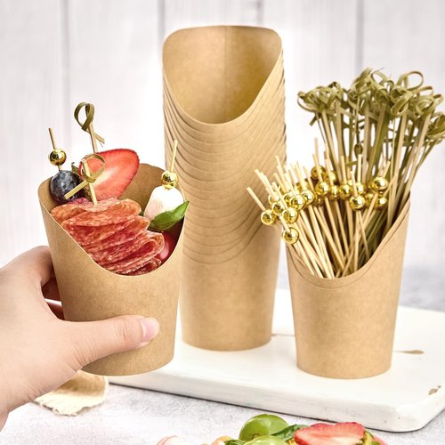 ZORRITA 100 Sets 8 oz Small Charcuterie Cups with Sticks, Disposable Kraft Paper Charcuterie Boxes French Fry Holder Individual Appetizer Serving Cup (100 Cups + 400 Cocktail Picks)