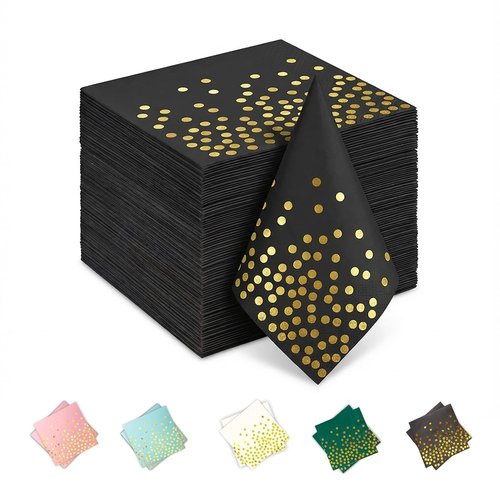 Black and Gold Paper Napkins,100Pcs 6.5 Inch Gold Polka Dots Napkins Disposable Cocktail Napkins for Party Wedding Birthday Bar Holiday Valentines Easter Graduation Decorations