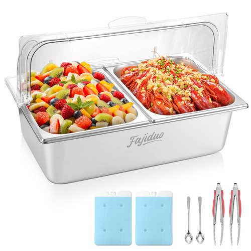 Countertop Ice Food Serving Display Container, Spice Display Salad Dressing Cooler, Stainless Steel Food Serving Tray Buffet Condiment Dispenser with Clear Roll Top Cover, Clamps, Spoons, Ice Packs