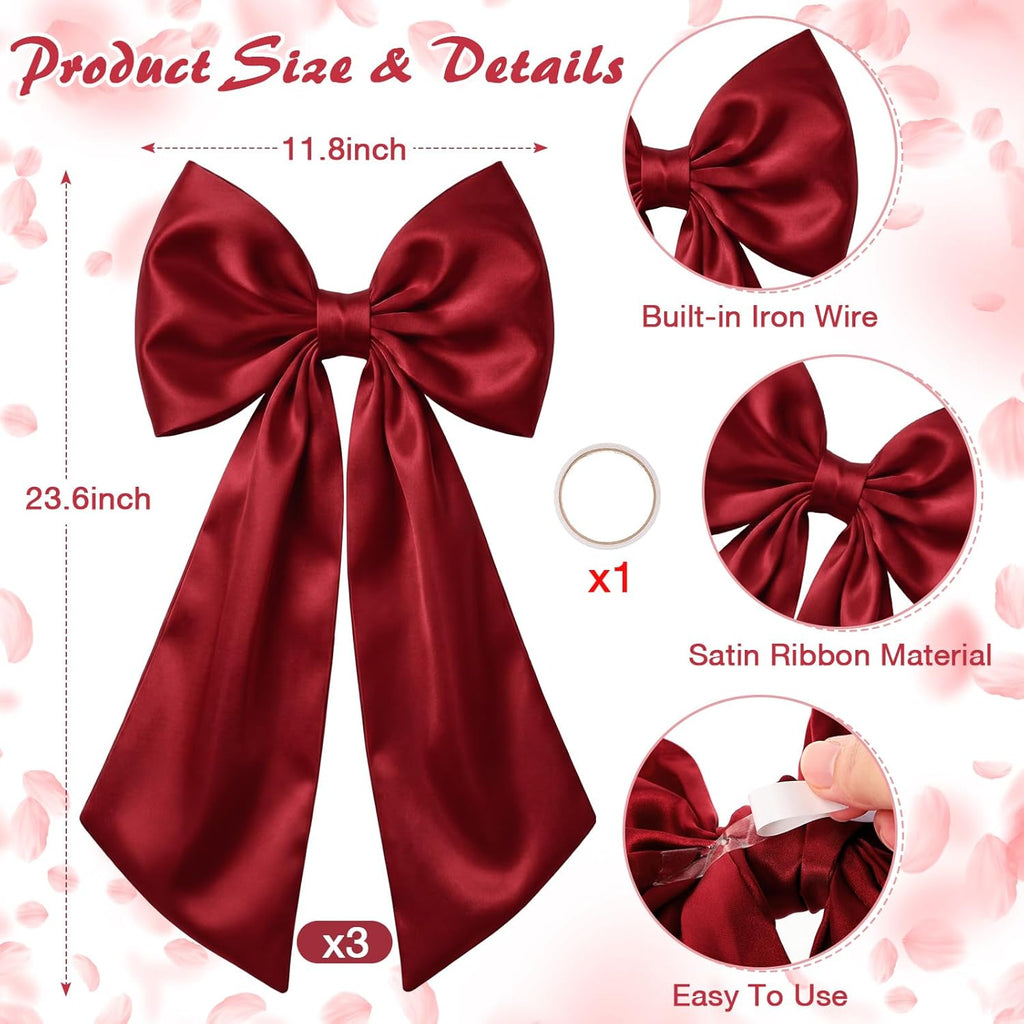Suncalla Large Burgundy Satin Bows - 3 Pcs 2 FT Wall Decorations for Weddings & Parties