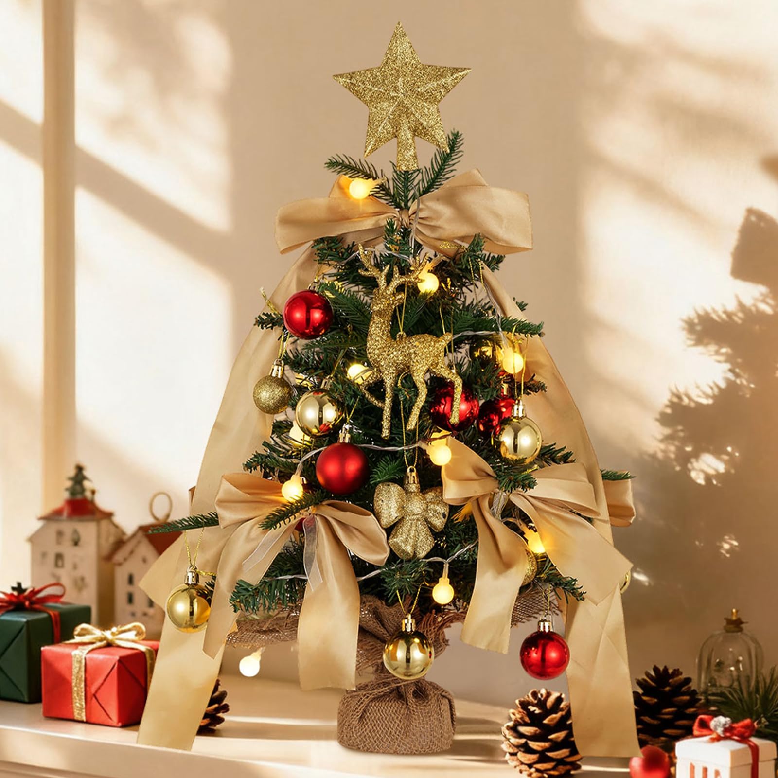 BLOSMON Small Christmas Tree with Lights: 2ft Mini Table Top Christmas Tree with 25 LEDs Timer Gold Ribbon Bow Reindeer for DIY- Lighted Artificial Xmas Trees for Home Office Desk